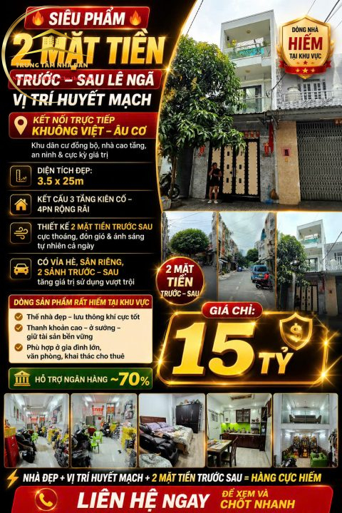 Nhà 2 mặt tiền Lê Ngã, Tân Phú vị trí đẹp nhà 3 tầng Kiên Cố 3,5x25 có lề đậu xe hơi, giá chỉ 15 tỷ